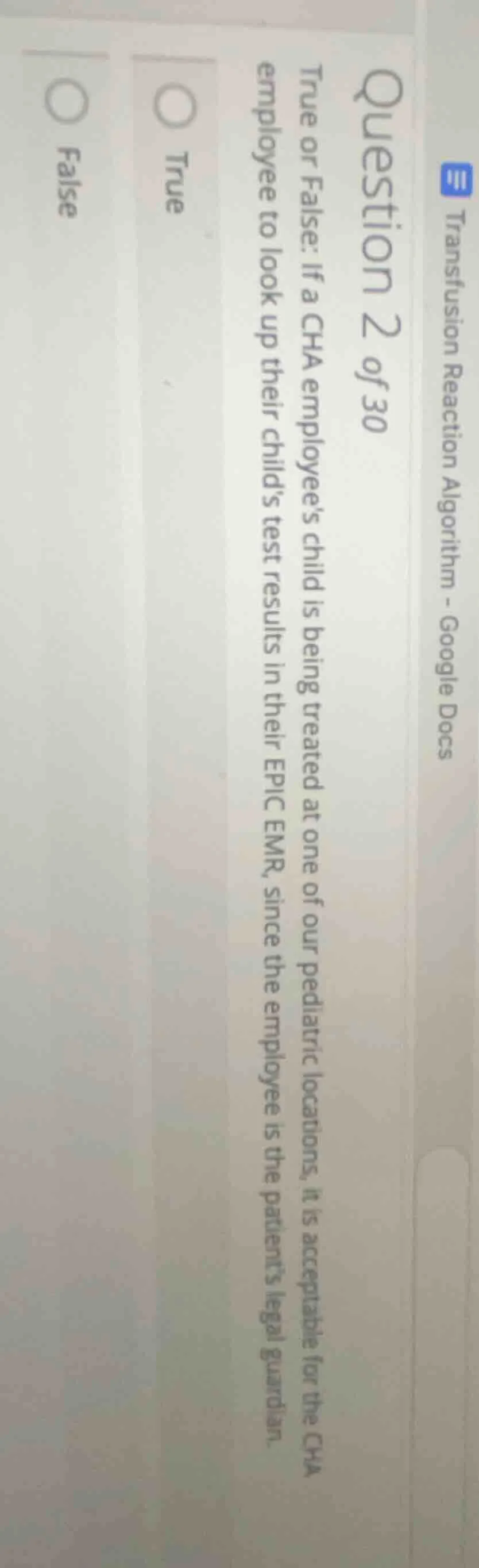 question 2 of 30 true or false: if a cha employees child is being treat…