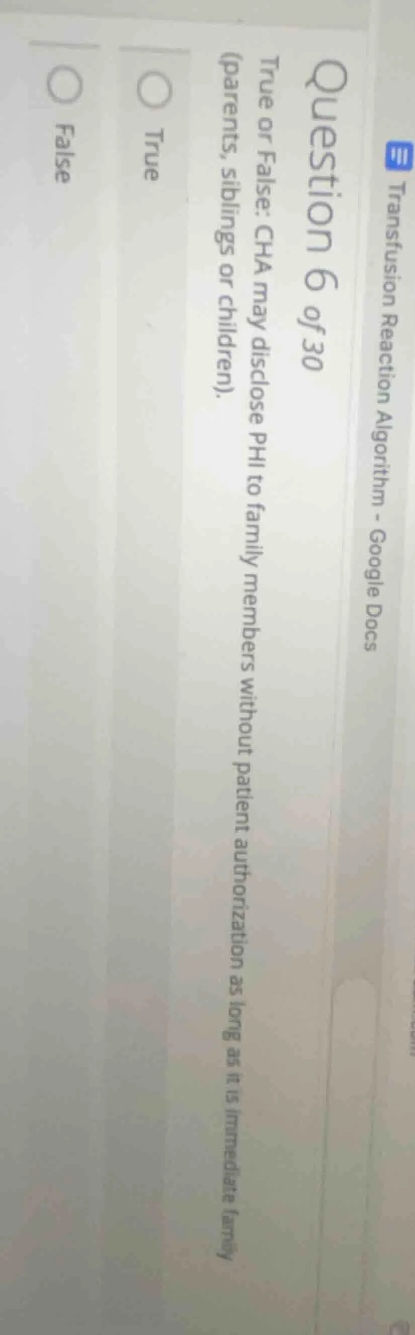 question 6 of 30 true or false: cha may disclose phi to family members …