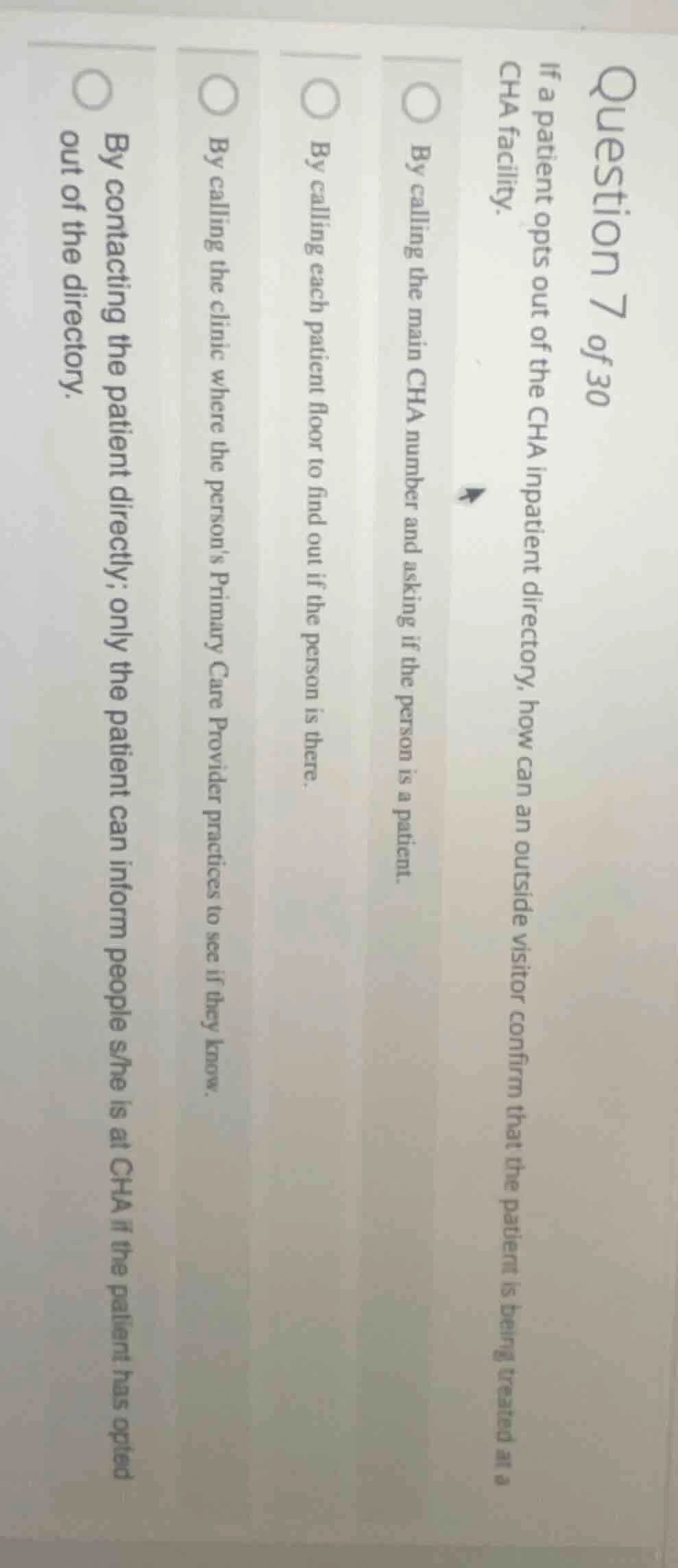 question 7 of 30 if a patient opts out of the cha inpatient directory, …