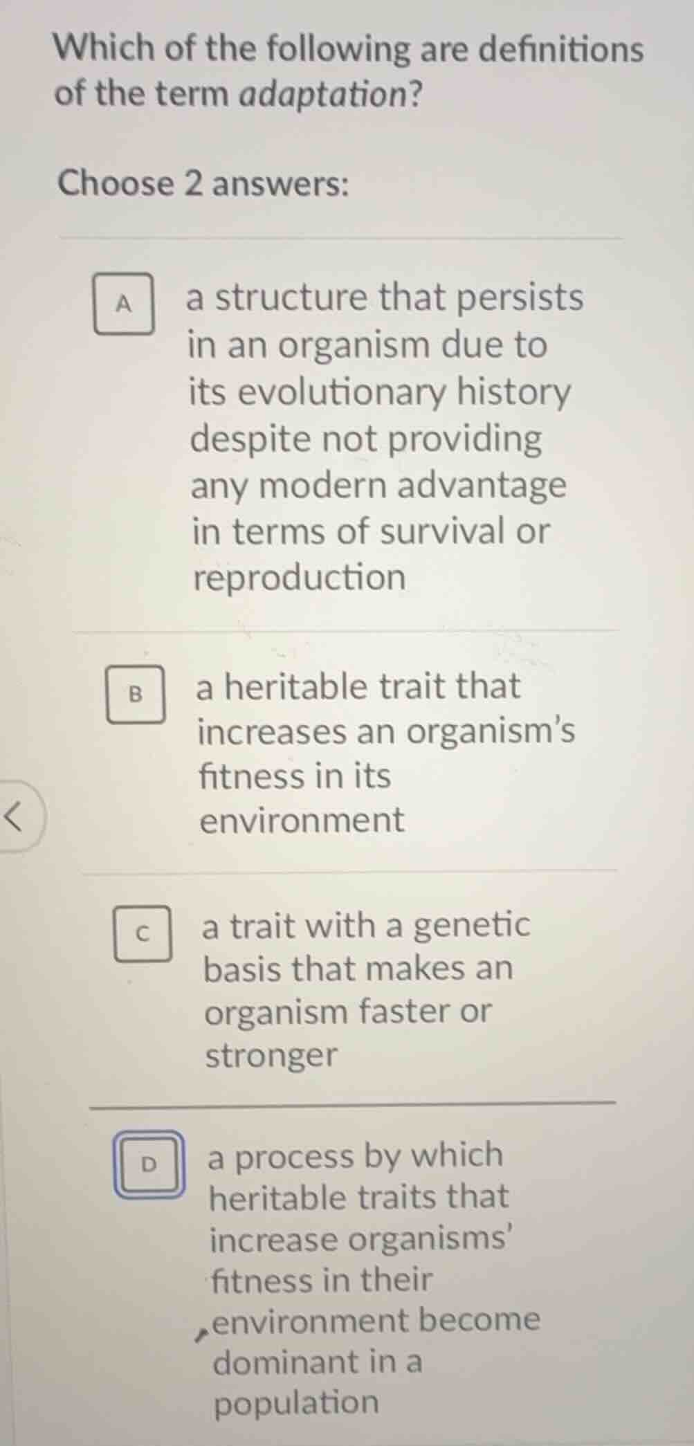 which of the following are definitions of the term adaptation? choose 2…