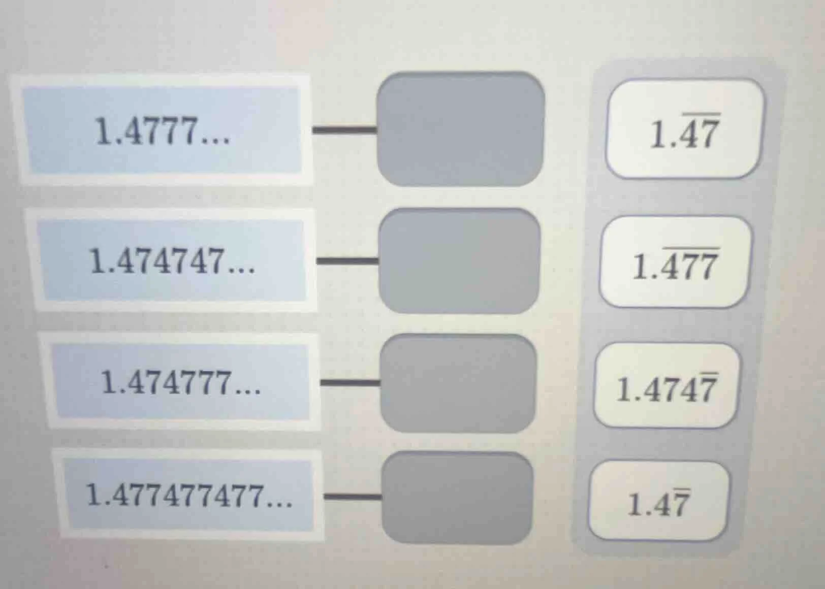 1.4777… 1.474747… 1.474777… 1.477477477… 1.\\overline{47} 1.\\overline{…