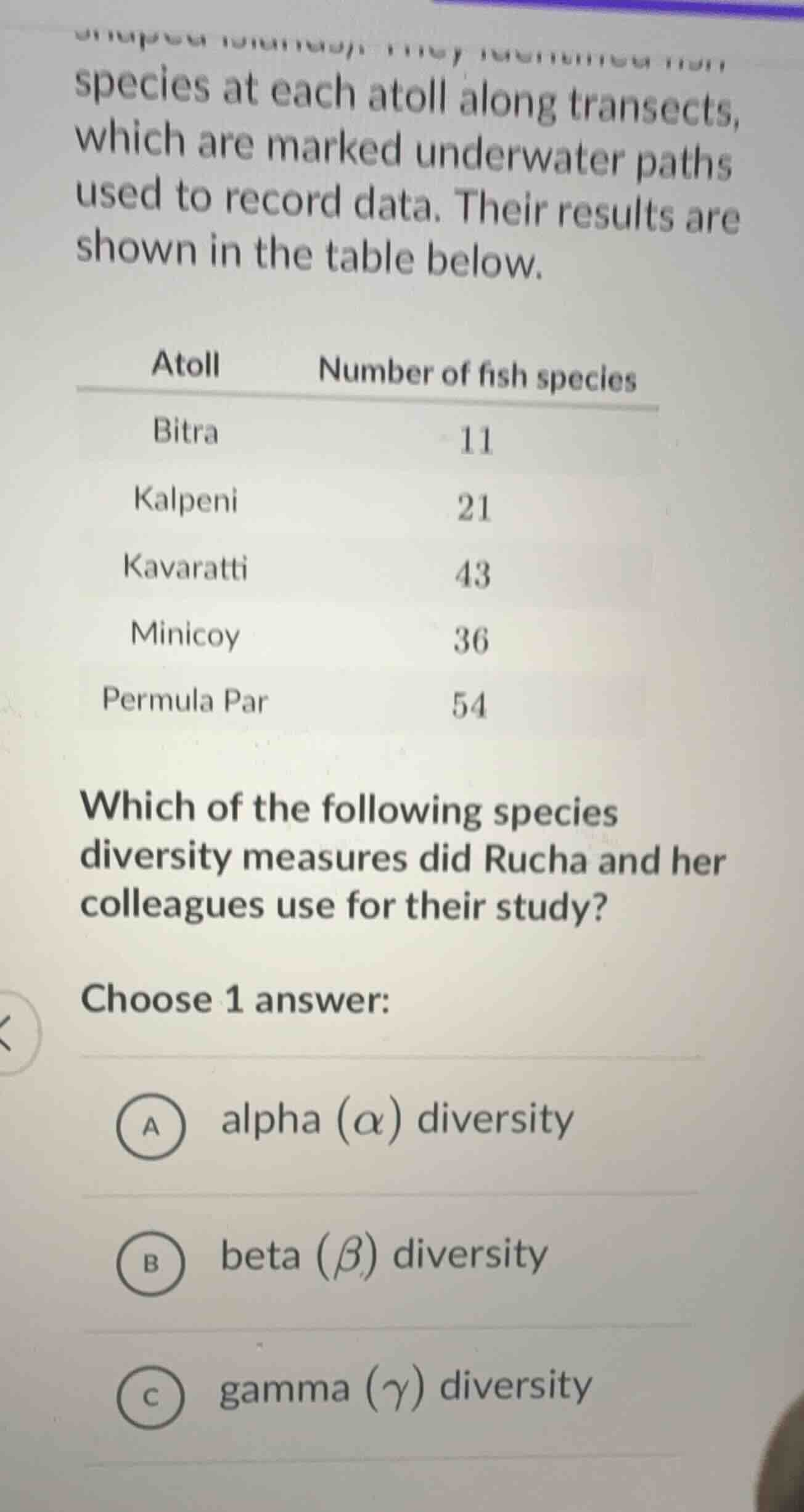species at each atoll along transects, which are marked underwater path…