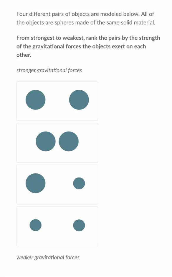 four different pairs of objects are modeled below. all of the objects a…