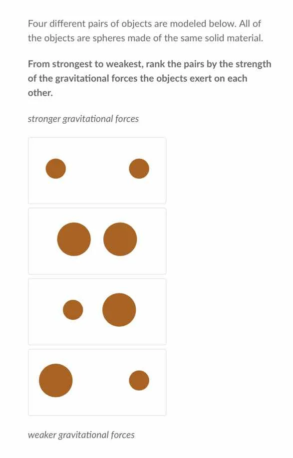 four different pairs of objects are modeled below. all of the objects a…