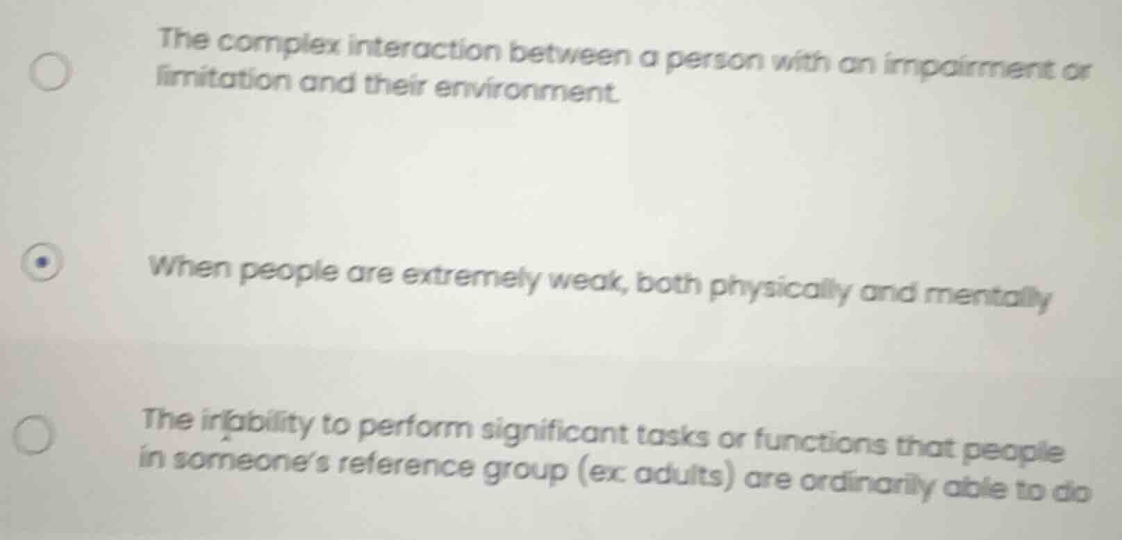 the complex interaction between a person with an impairment or limitati…