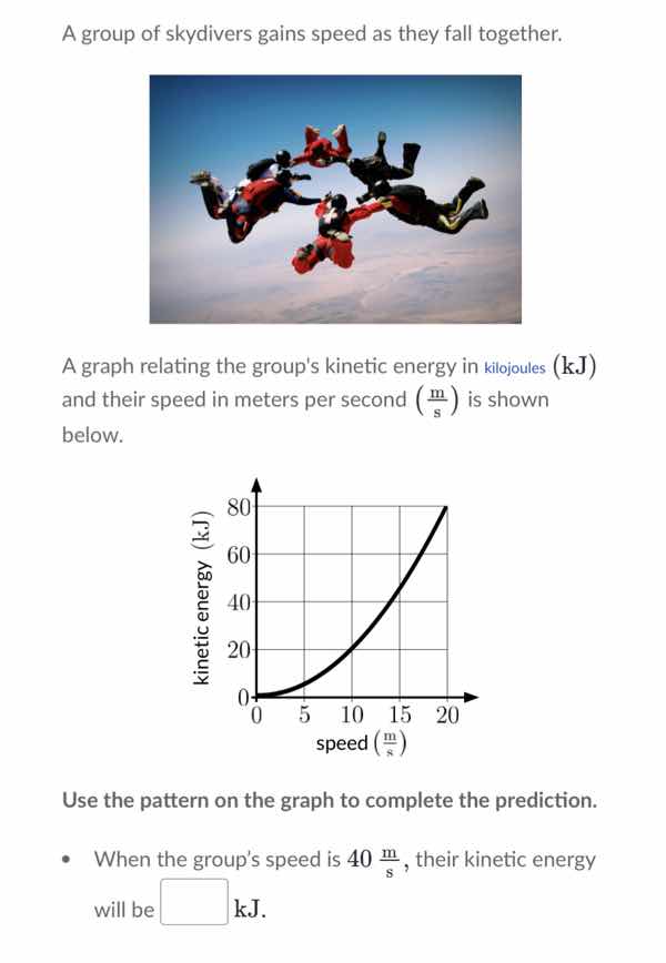 a group of skydivers gains speed as they fall together. a graph relatin…