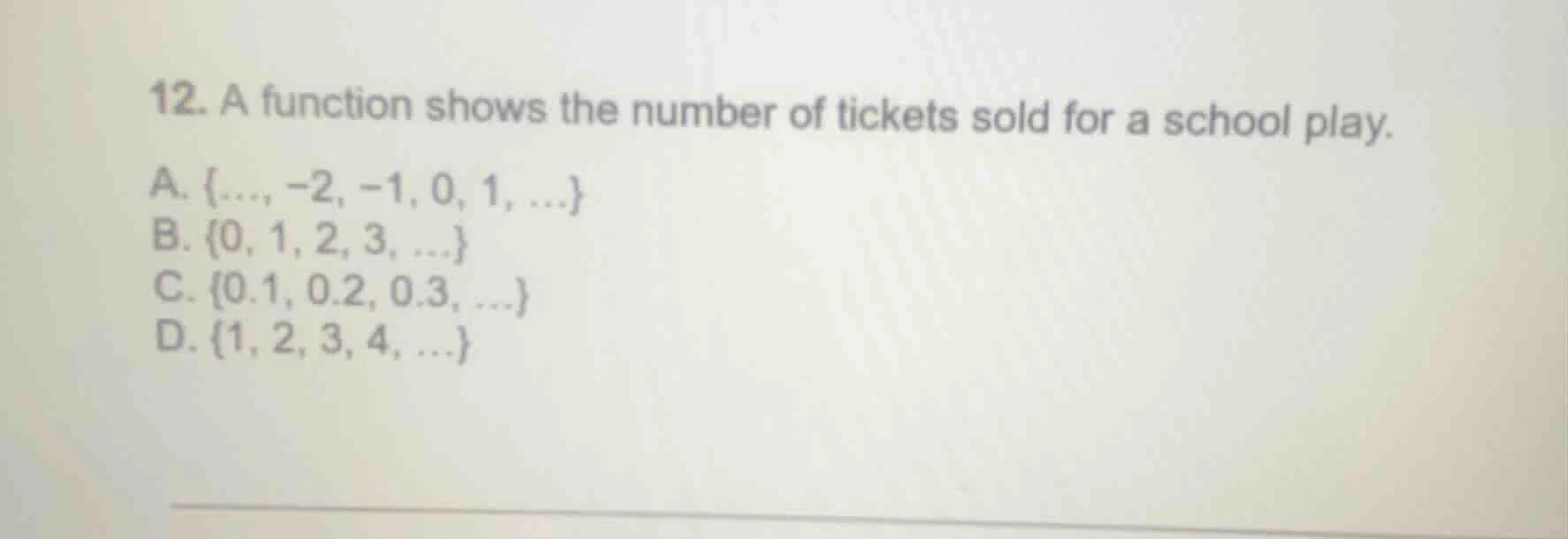 12. a function shows the number of tickets sold for a school play. a. {…
