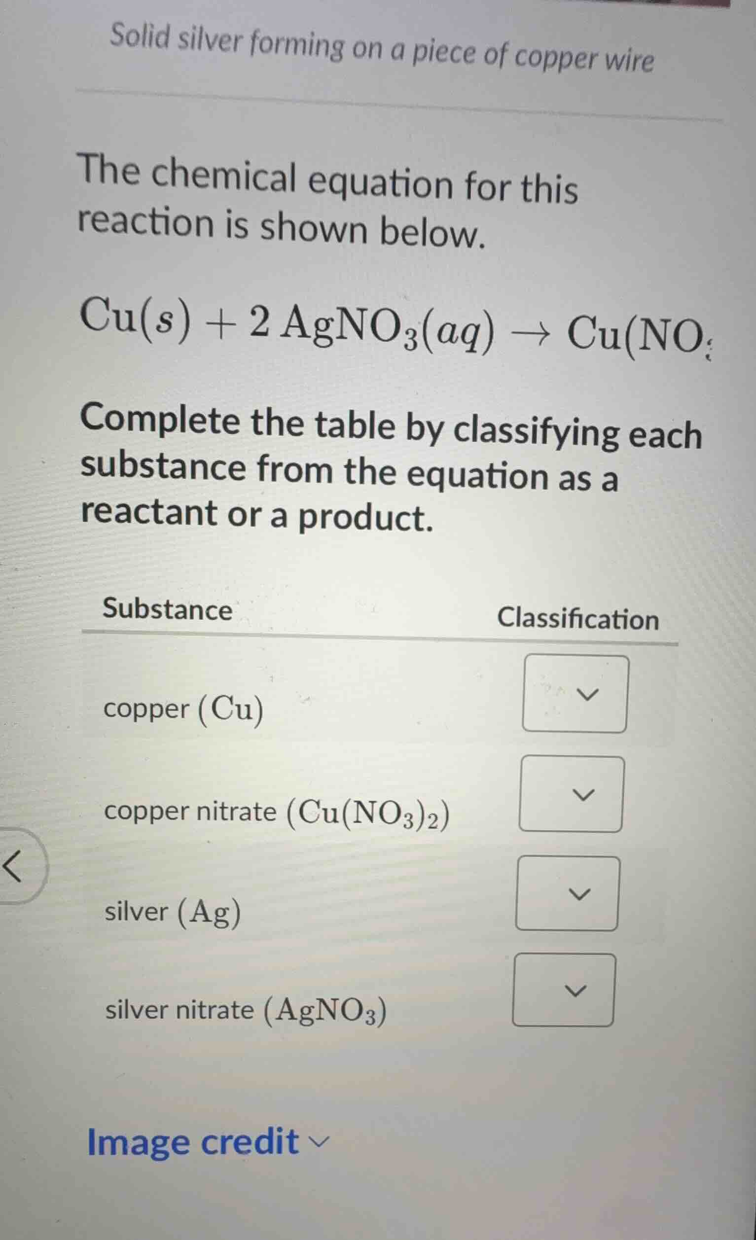 solid silver forming on a piece of copper wire the chemical equation fo…