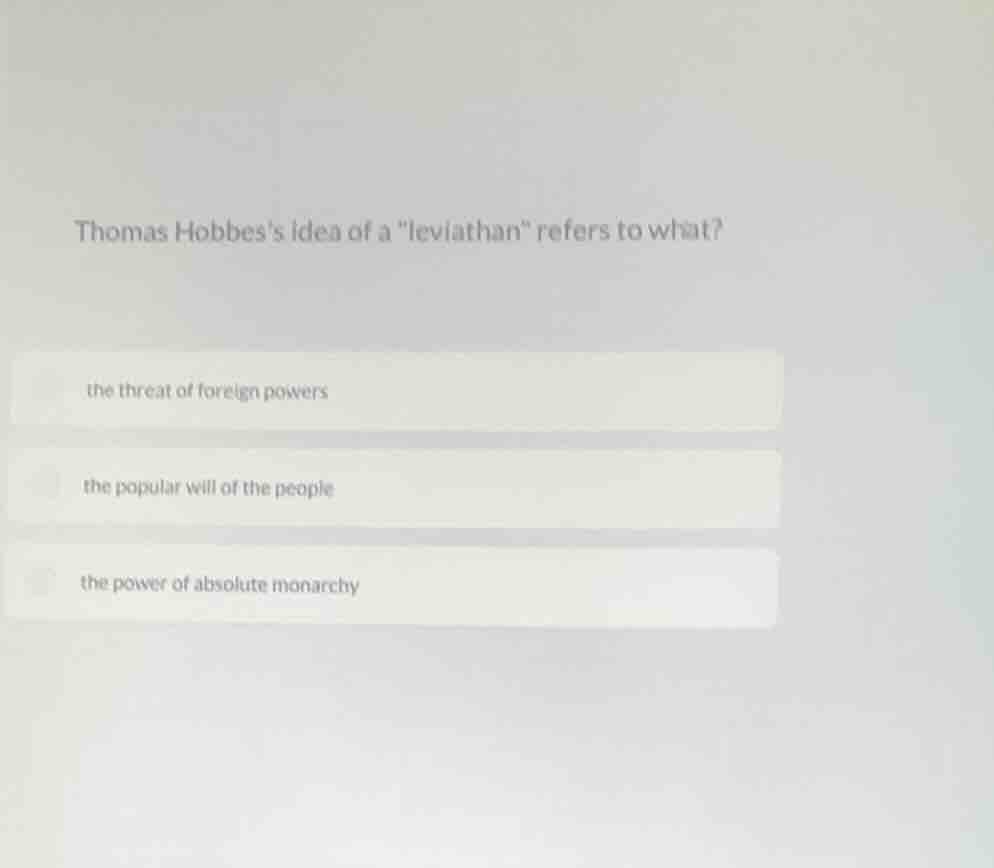 thomas hobbess idea of a \leviathan\ refers to what? the threat of fore…