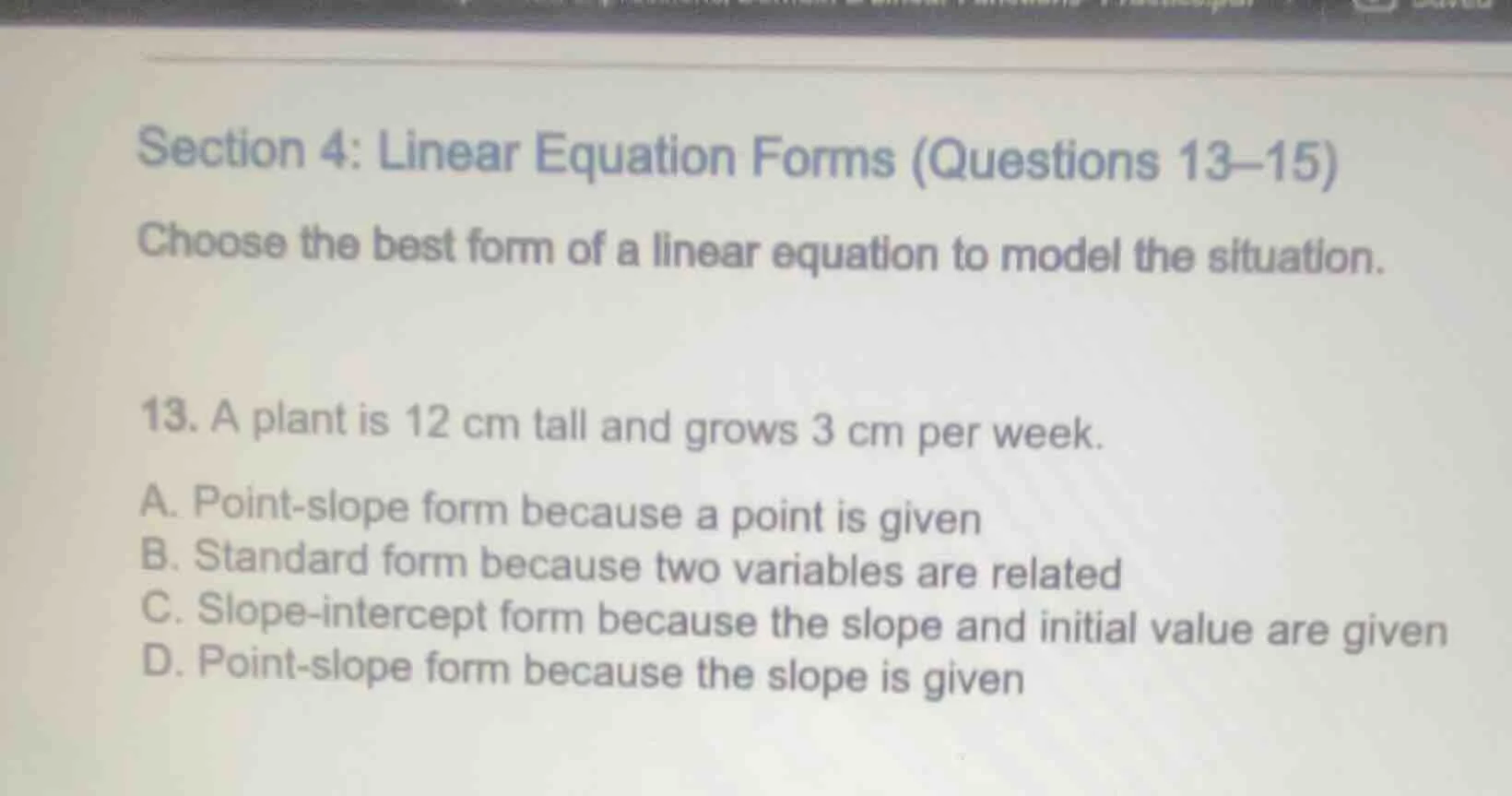 section 4: linear equation forms (questions 13–15) choose the best form…