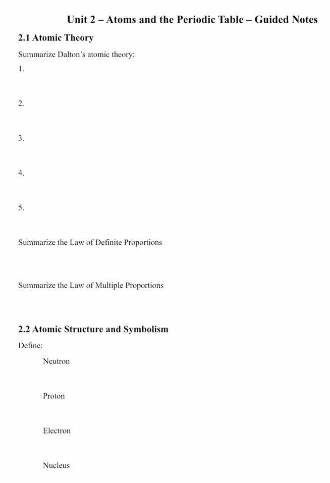 unit 2 – atoms and the periodic table – guided notes 2.1 atomic theory …