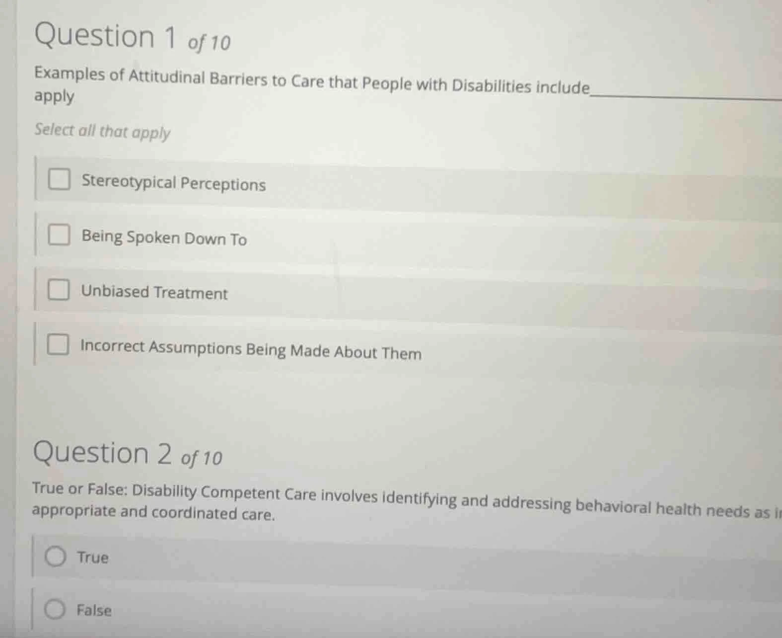 question 1 of 10 examples of attitudinal barriers to care that people w…