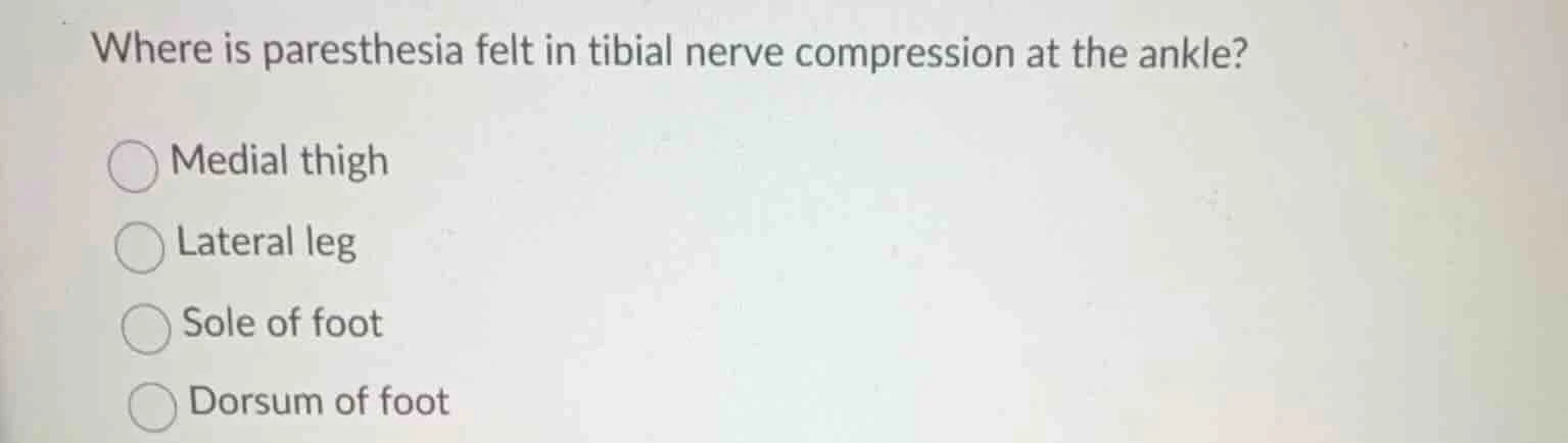 where is paresthesia felt in tibial nerve compression at the ankle?\ \\…