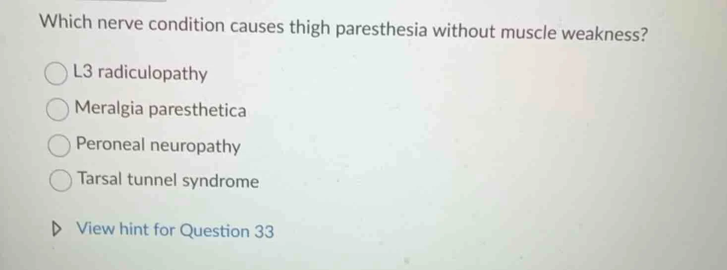 which nerve condition causes thigh paresthesia without muscle weakness?…