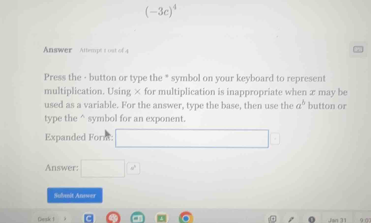 (-3c)^4 answer attempt 1 out of 4 press the · button or type the * symb…