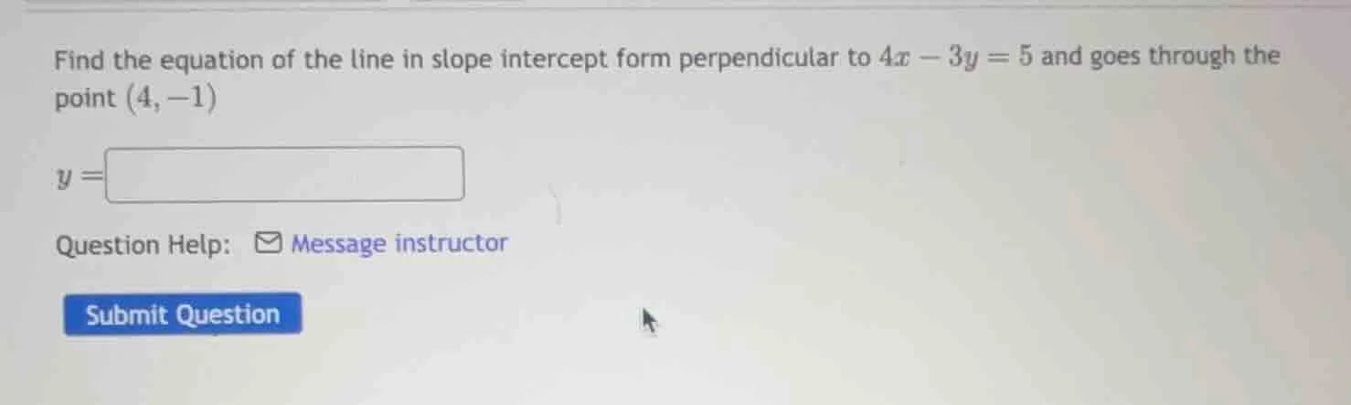 find the equation of the line in slope intercept form perpendicular to …