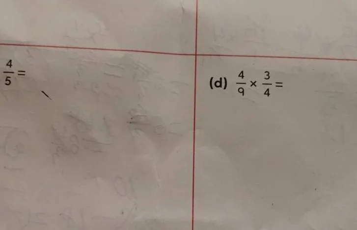 (d) $\frac{4}{9} \\times \frac{3}{4} =$