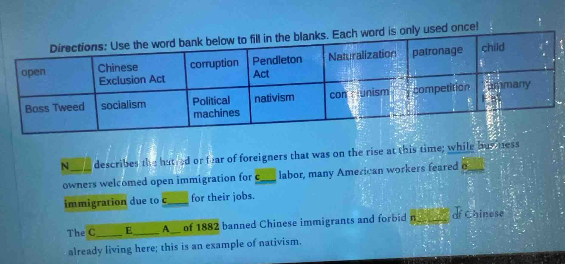 directions: use the word bank below to fill in the blanks. each word is…