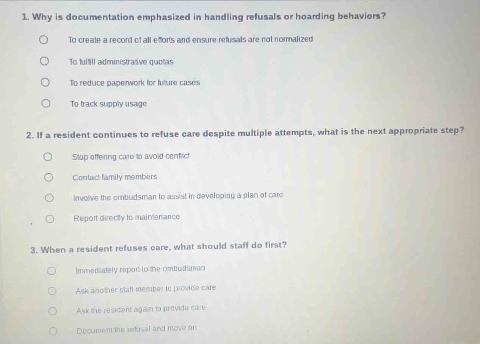 1. why is documentation emphasized in handling refusals or hoarding beh…