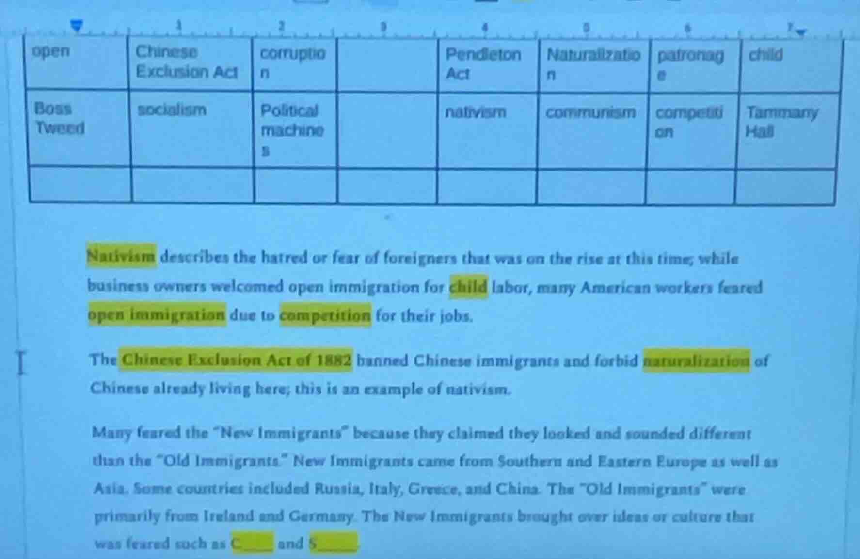 open\tchinese exclusion act\tcorruption\t\tpendleton act\tnaturalizatio…