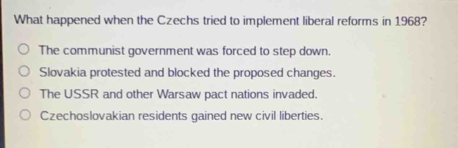 what happened when the czechs tried to implement liberal reforms in 196…