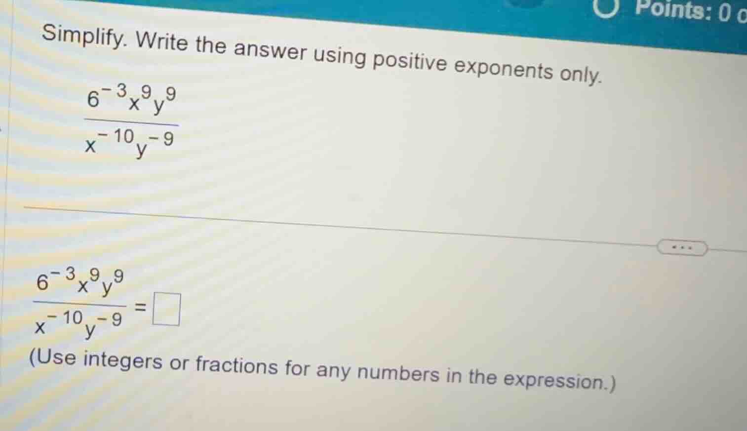 simplify. write the answer using positive exponents only.\\(\\frac{6^{-…