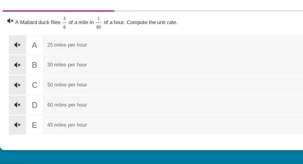 a mallard duck flies \\(\frac{5}{6}\\) of a mile in \\(\frac{1}{60}\\) …