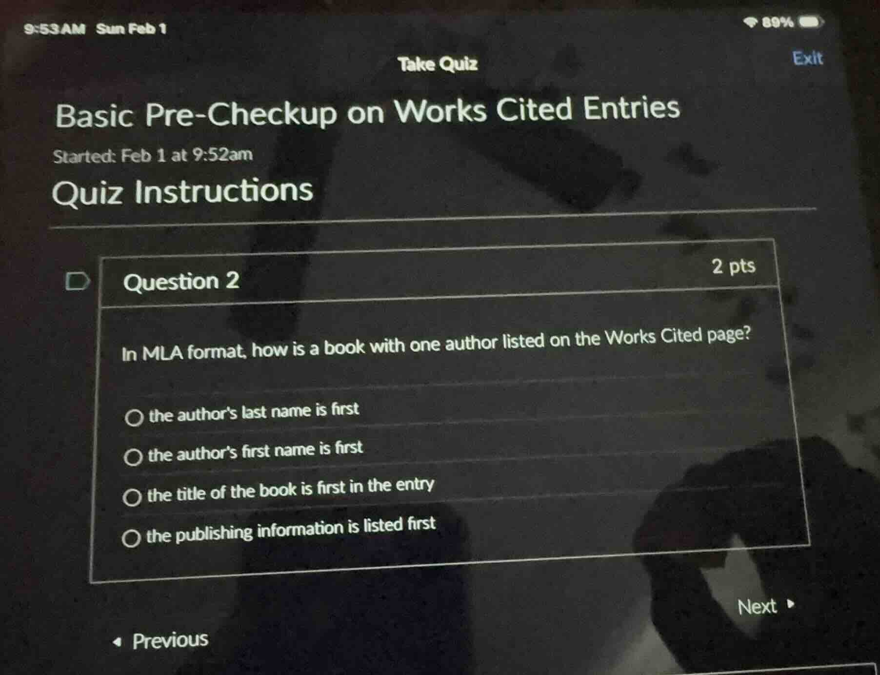 take quiz basic pre - checkup on works cited entries started: feb 1 at …