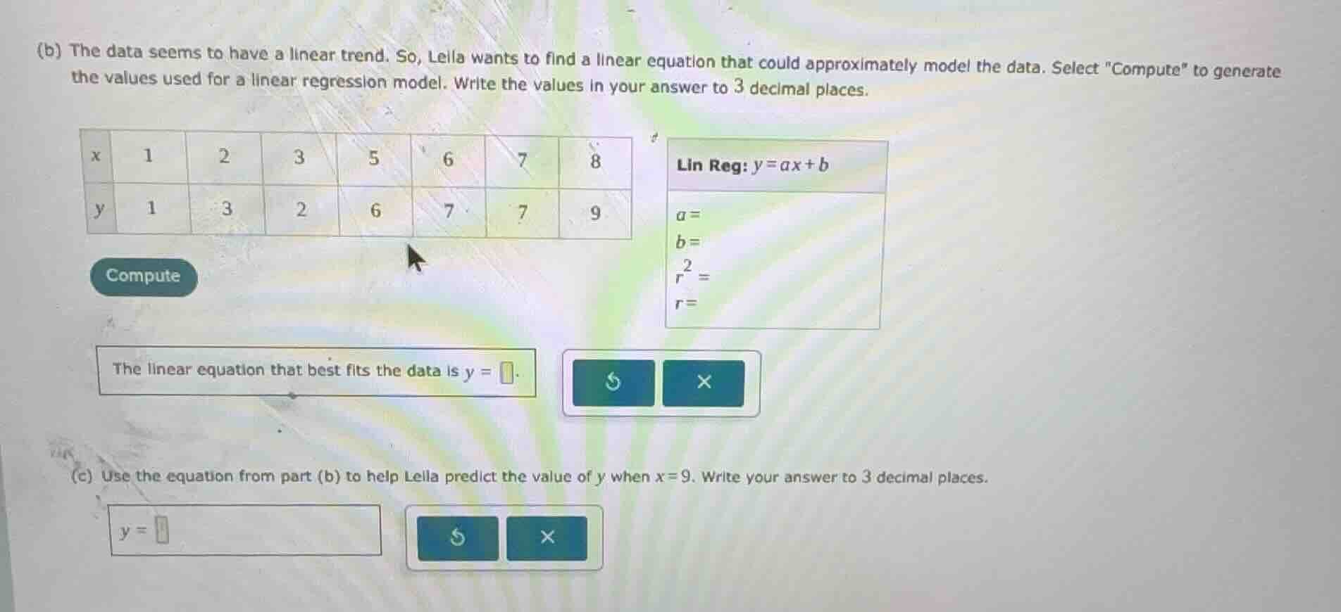 (b) the data seems to have a linear trend. so, leila wants to find a li…