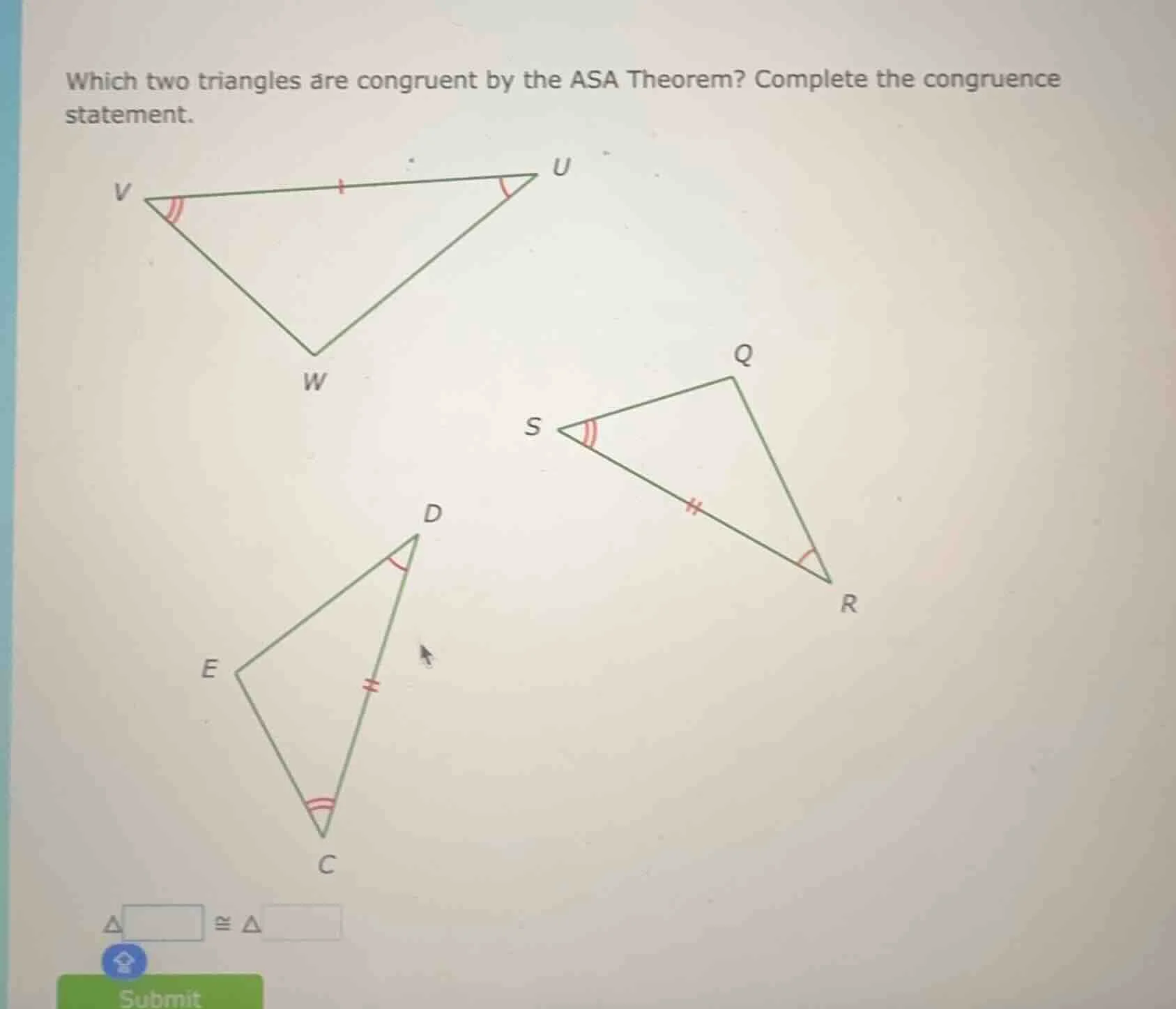 which two triangles are congruent by the asa theorem? complete the cong…