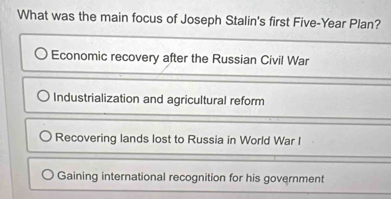 what was the main focus of joseph stalins first five-year plan? ○ econo…
