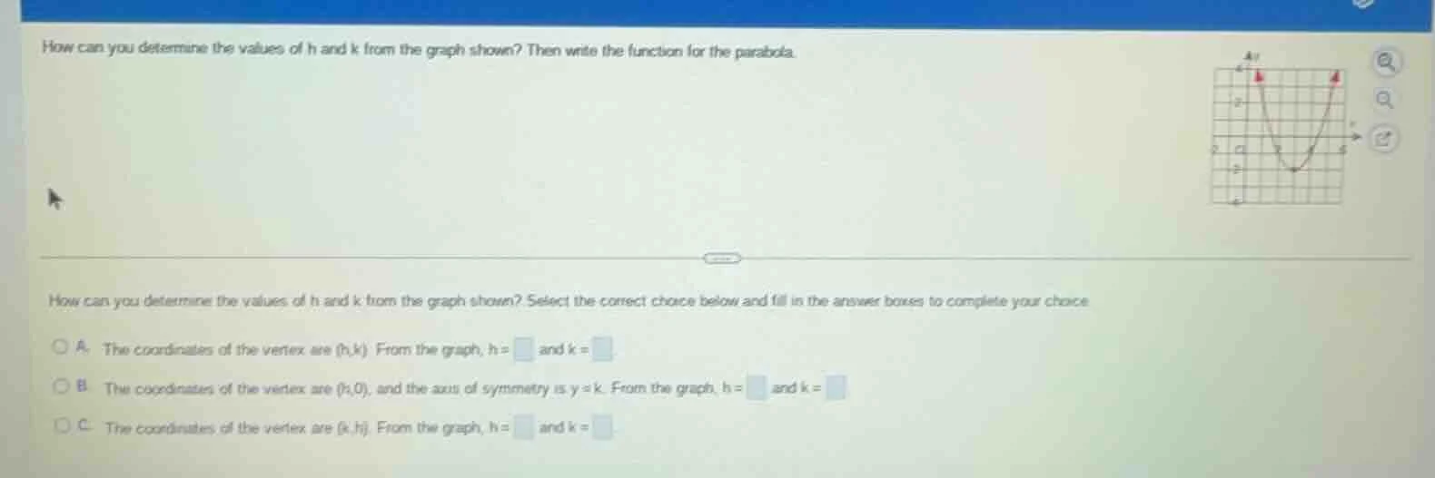 how can you determine the values of h and k from the graph shown? then …