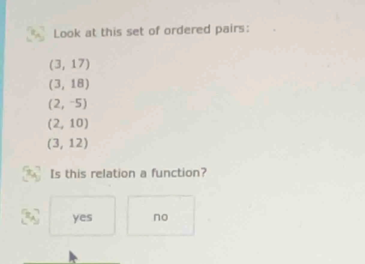 look at this set of ordered pairs: (3, 17) (3, 18) (2, -5) (2, 10) (3, …