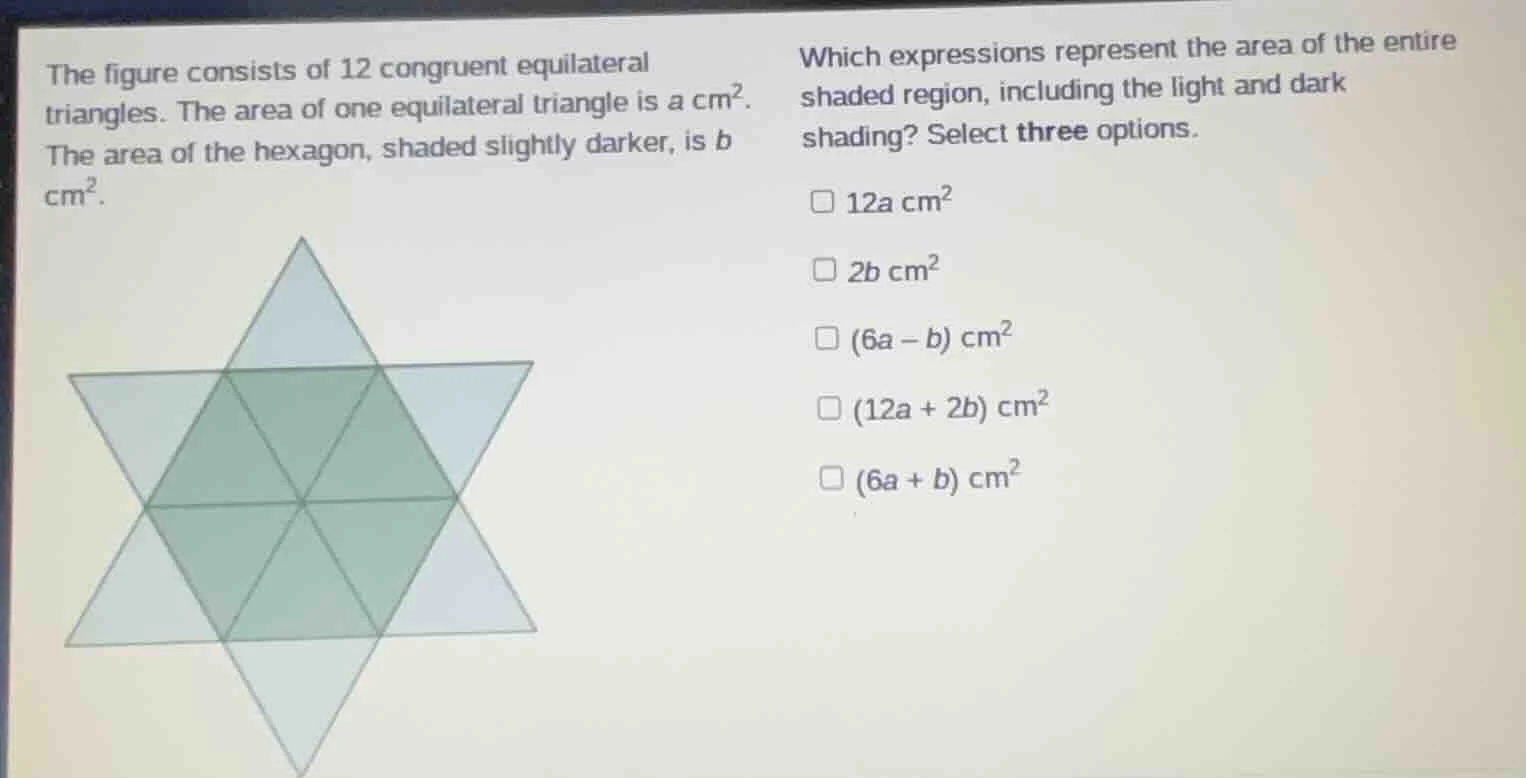 the figure consists of 12 congruent equilateral triangles. the area of …