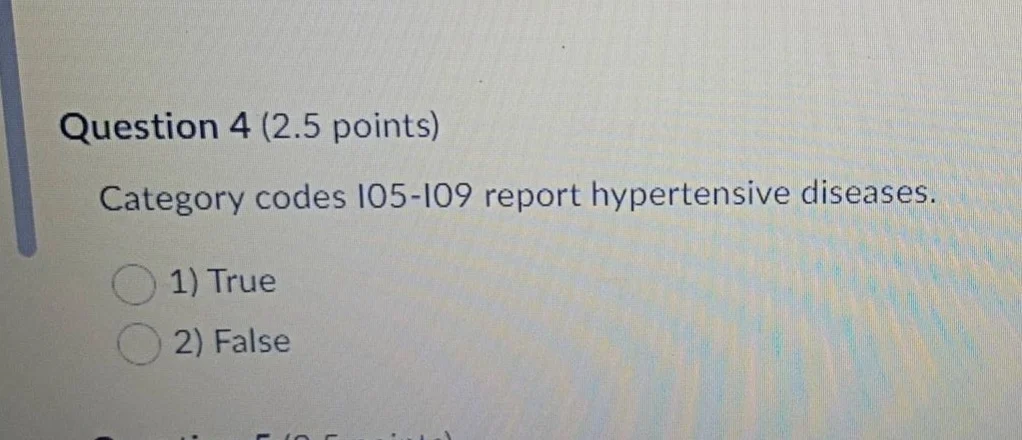 question 4 (2.5 points) category codes i05 - i09 report hypertensive di…