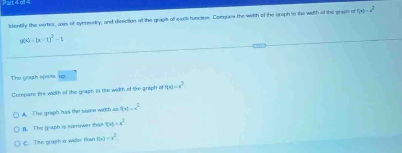 part 4 of 4 identify the vertex, axis of symmetry, and direction of the…