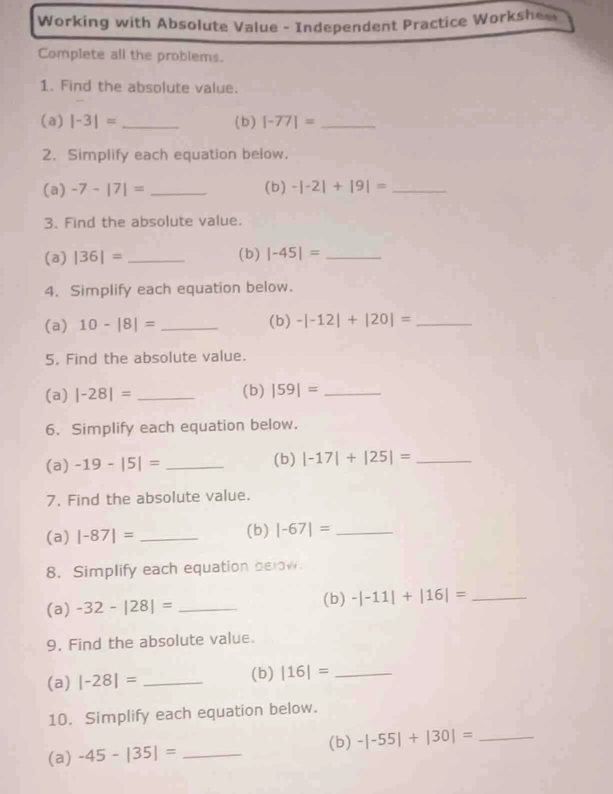 working with absolute value - independent practice worksheet complete a…