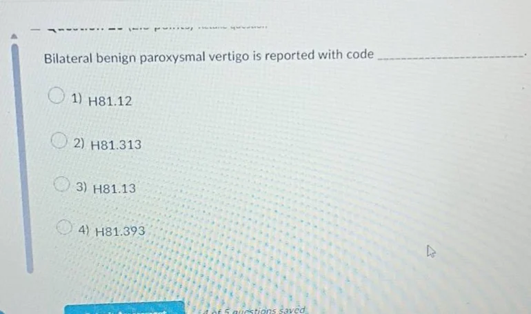 bilateral benign paroxysmal vertigo is reported with code 1) h81.12 2) …