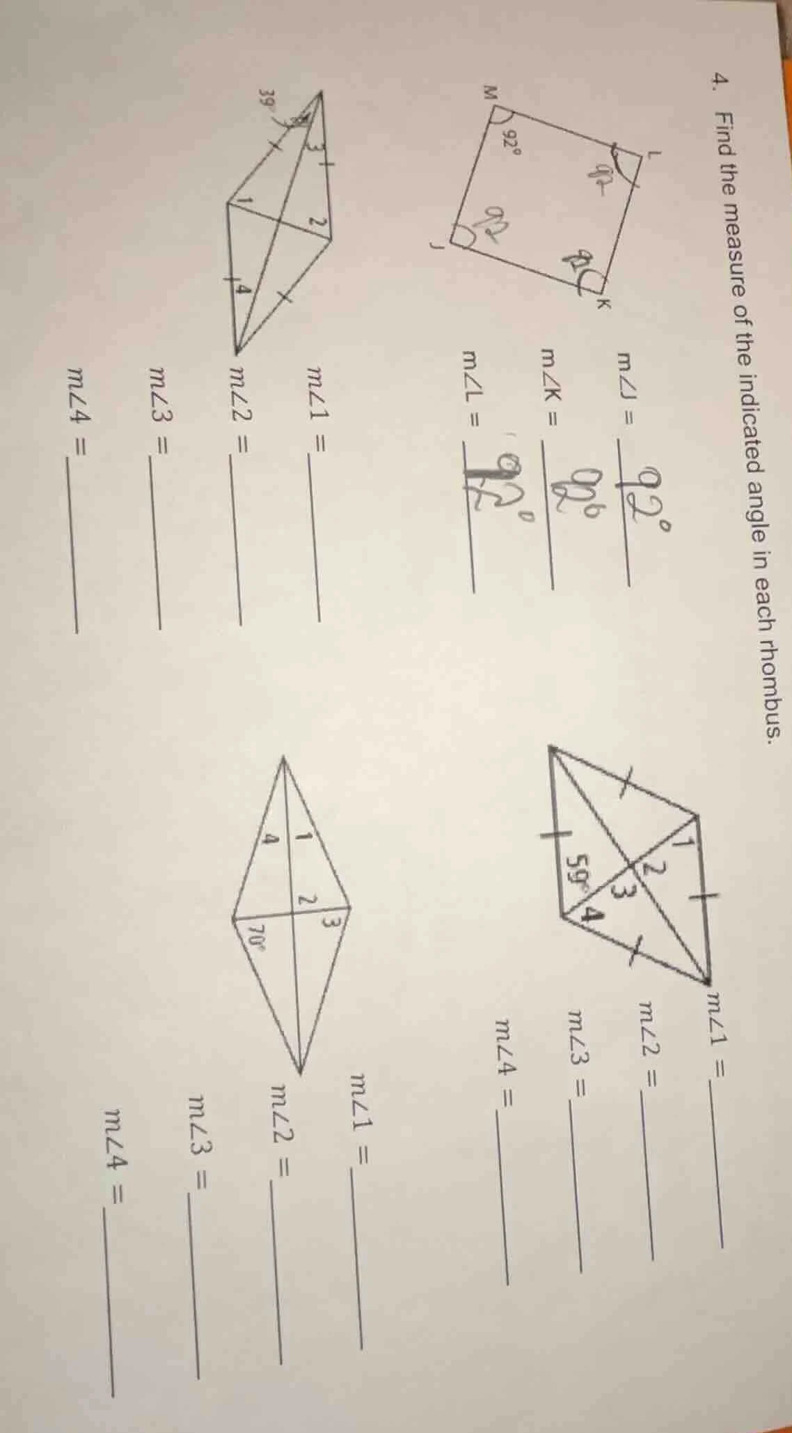 4. find the measure of the indicated angle in each rhombus. for the fir…