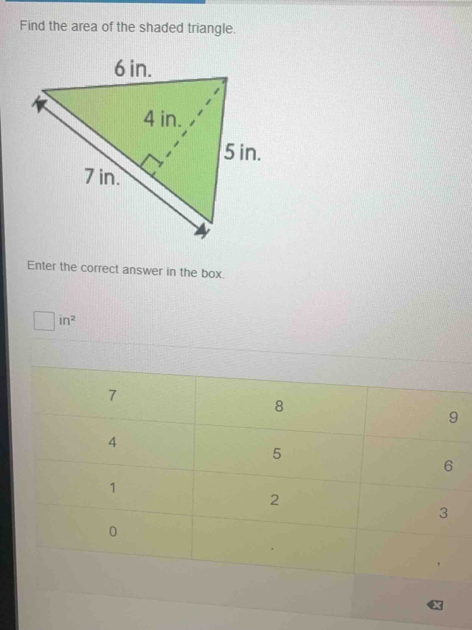 find the area of the shaded triangle. enter the correct answer in the b…
