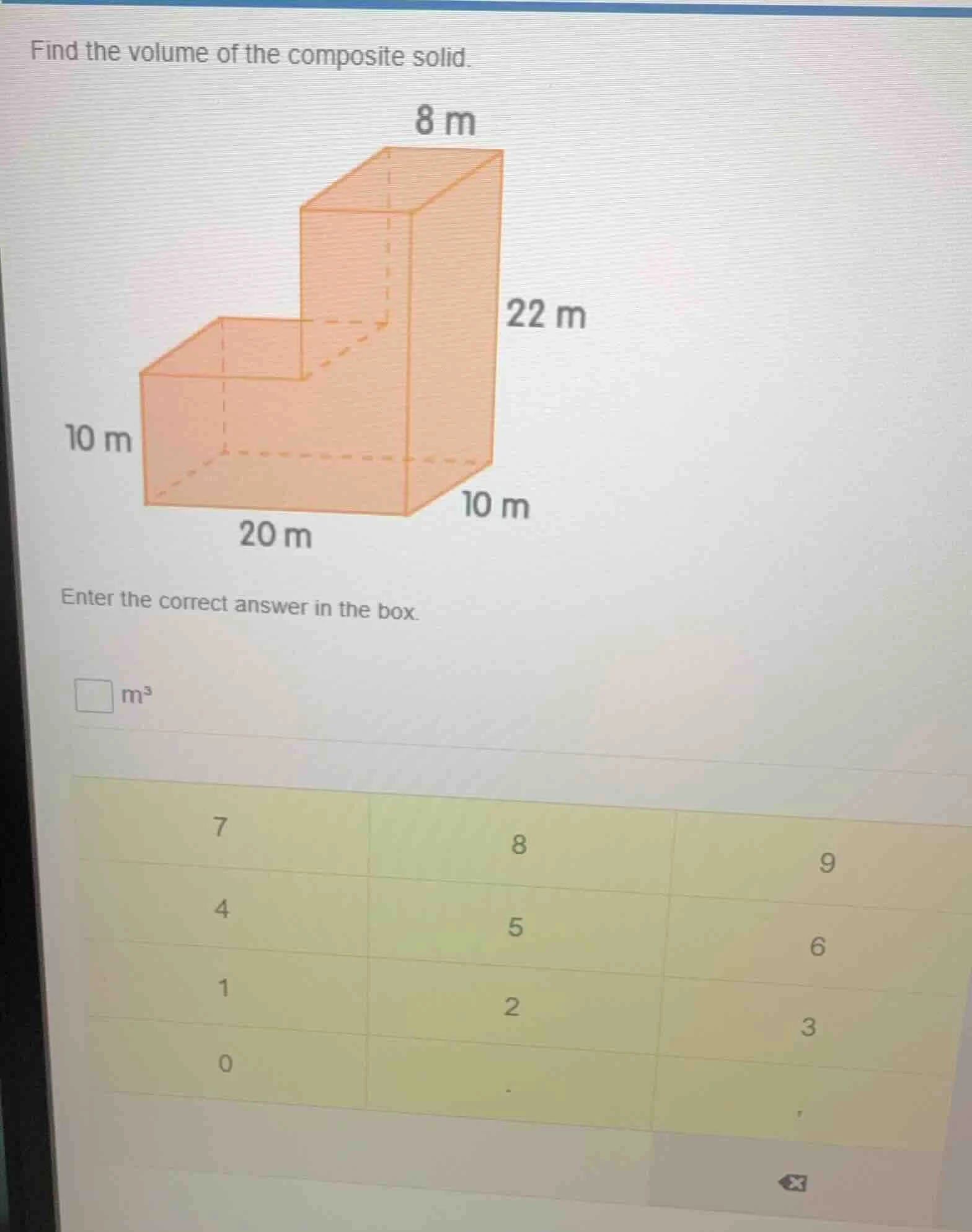 find the volume of the composite solid. 8 m 22 m 10 m 10 m 20 m enter t…