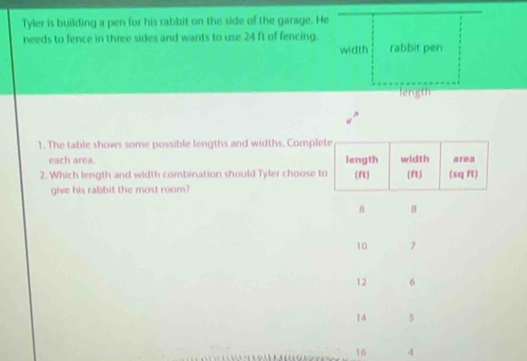 tyler is building a pen for his rabbit on the side of the garage. he ne…