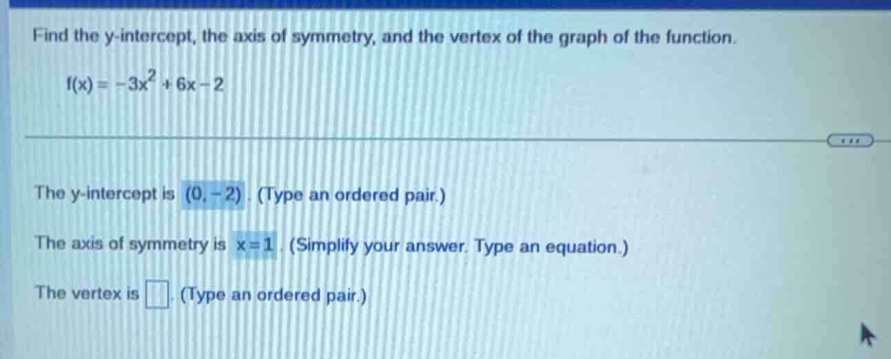 find the y-intercept, the axis of symmetry, and the vertex of the graph…