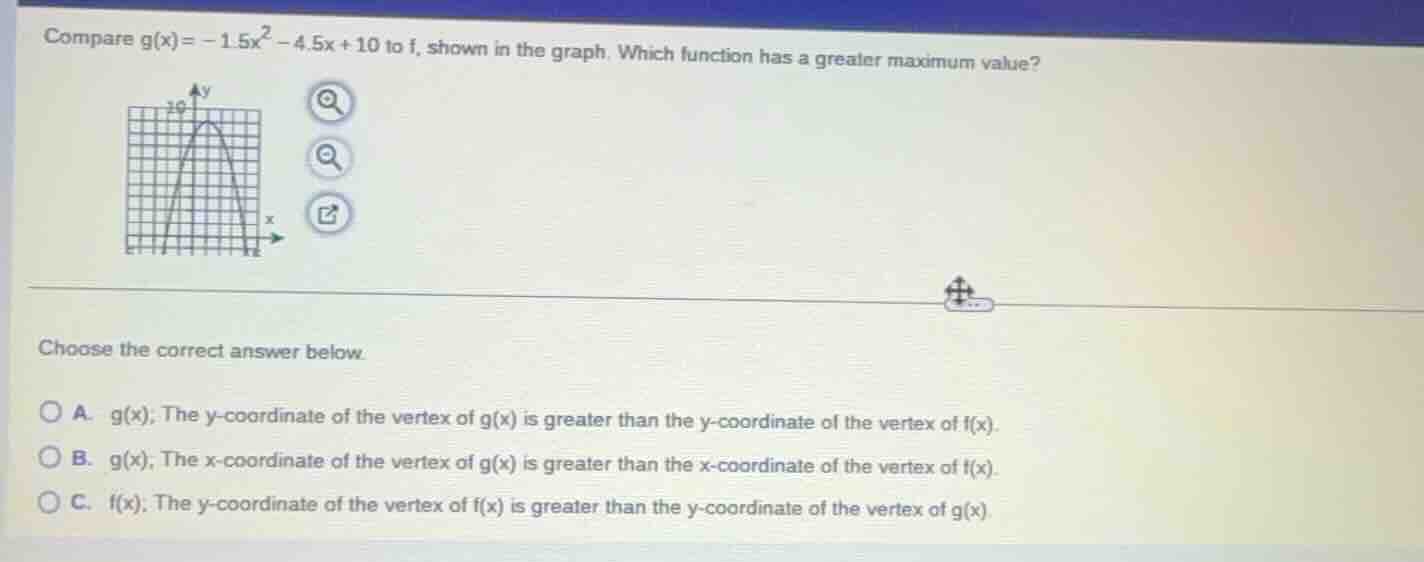 compare ( g(x) = -1.5x^2 - 4.5x + 10 ) to ( f ), shown in the graph. wh…