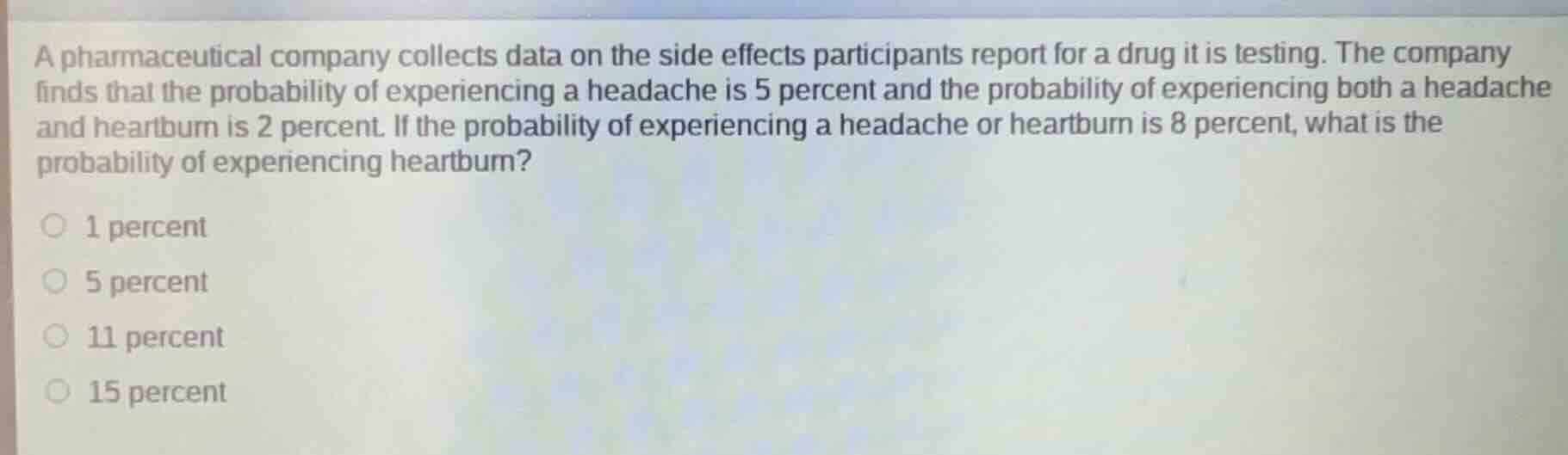 a pharmaceutical company collects data on the side effects participants…