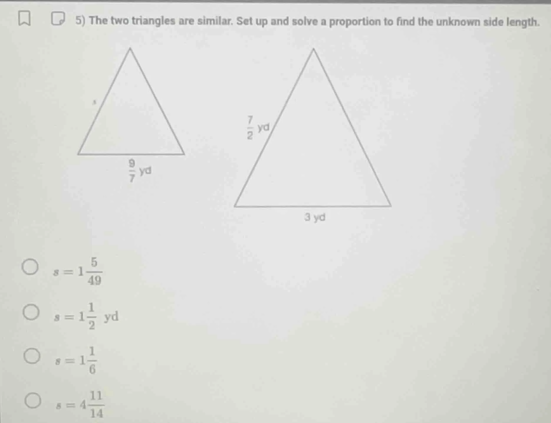 5) the two triangles are similar. set up and solve a proportion to find…