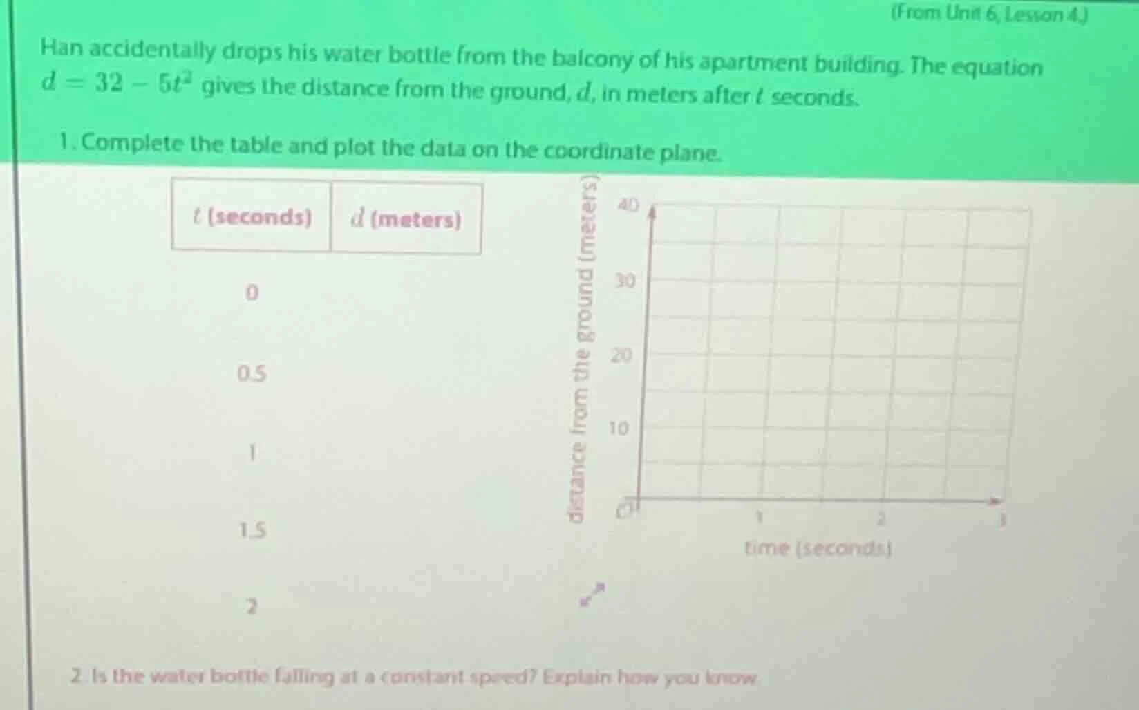 (from unit 6, lesson 4.) han accidentally drops his water bottle from t…