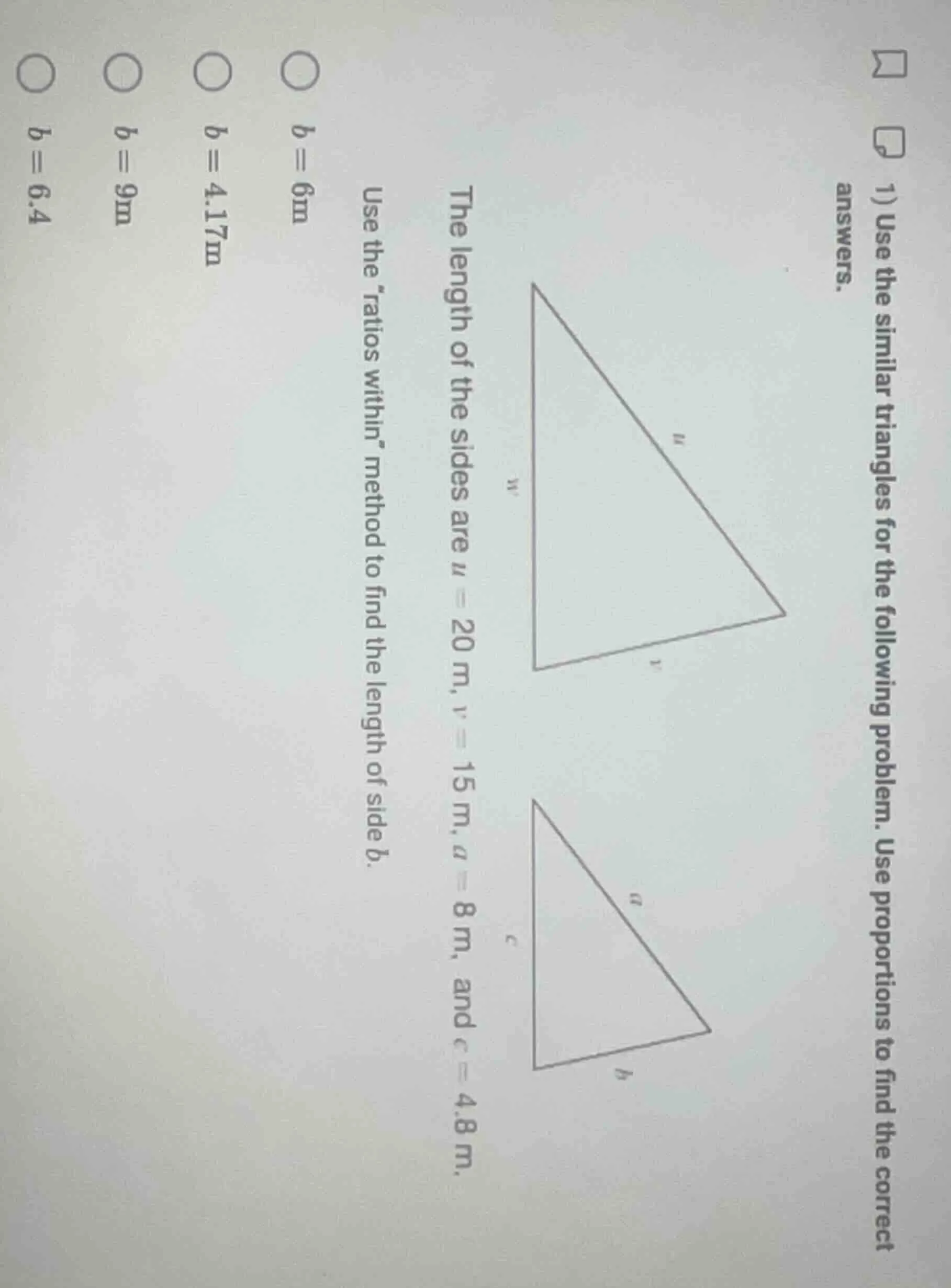 1) use the similar triangles for the following problem. use proportions…