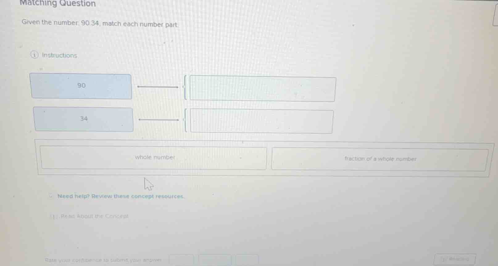 matching question given the number 90.34, match each number part. ① ins…