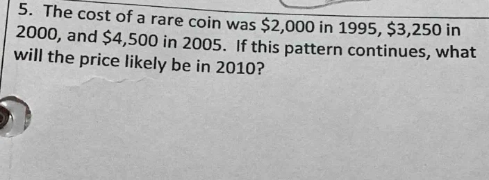 5. the cost of a rare coin was $2,000 in 1995, $3,250 in 2000, and $4,5…
